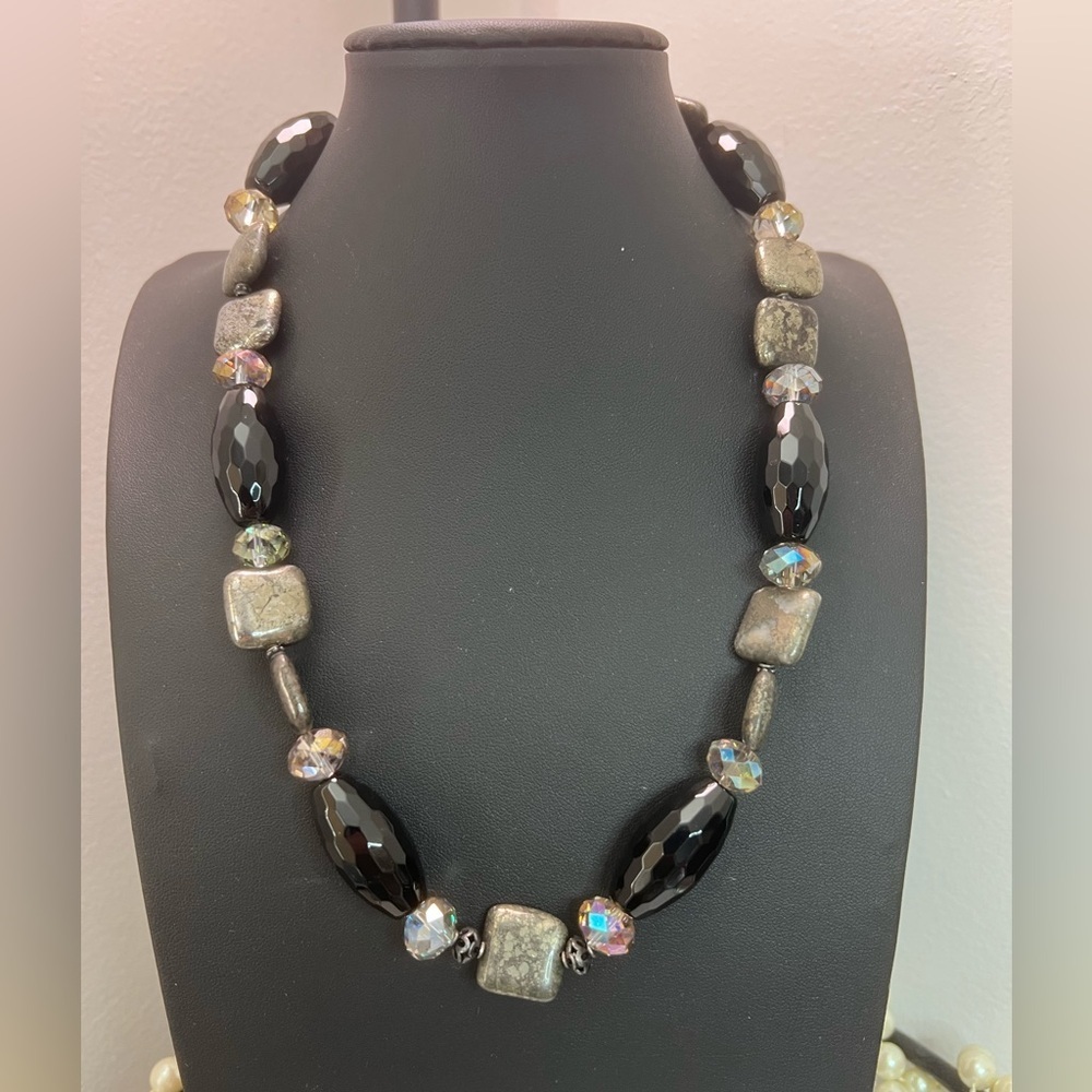 Donna Dressler Pyrite AB & Black Glass Bead Necklace w/925 Clasp 21” D5
